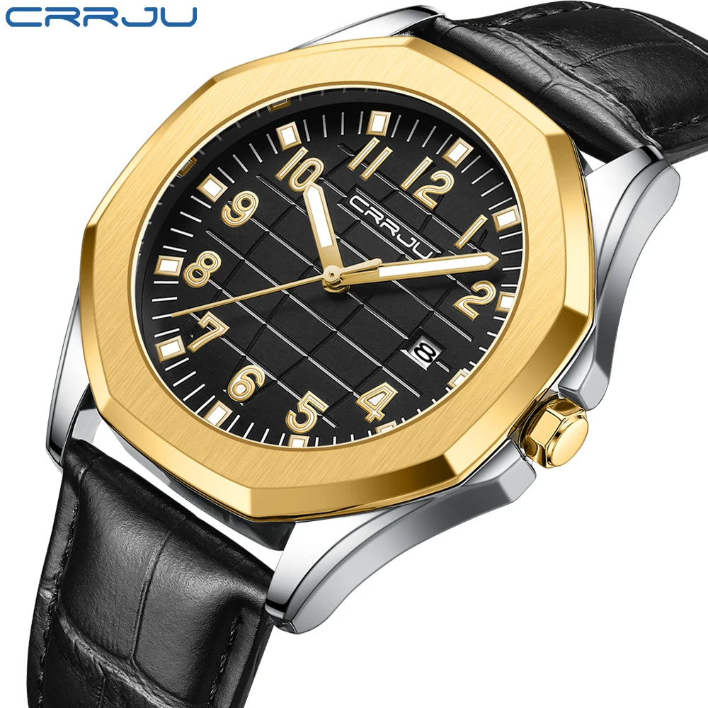 CRRJU-reloj de cuarzo Original para hombre, cronógrafo con correa de cuero, resistente al agua, calendario, sencillo, a la moda, para uso diario