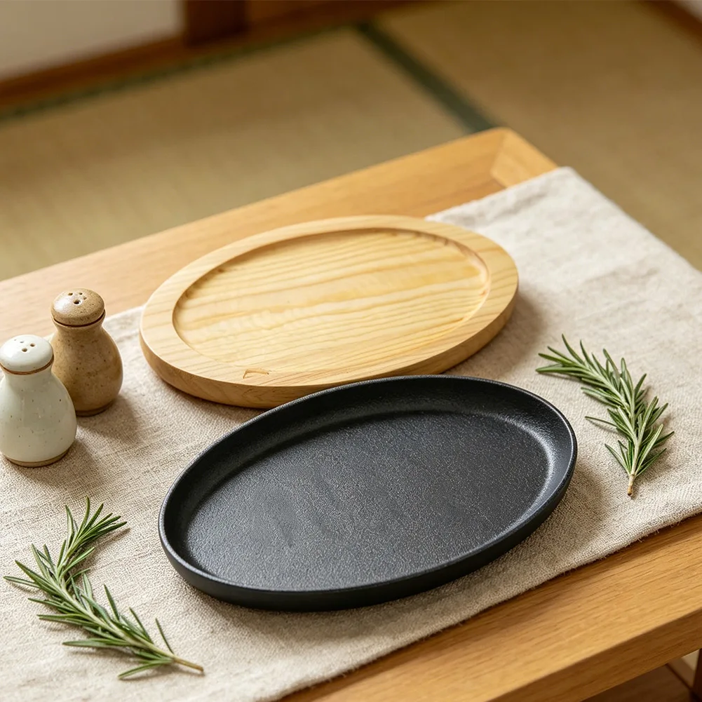 Oval Cast Iron for teppanyaki Pan Set 3pcs with Wooden Base for Steak For BBQ Seafood Indoor Outdoor Grilling Heat Retention