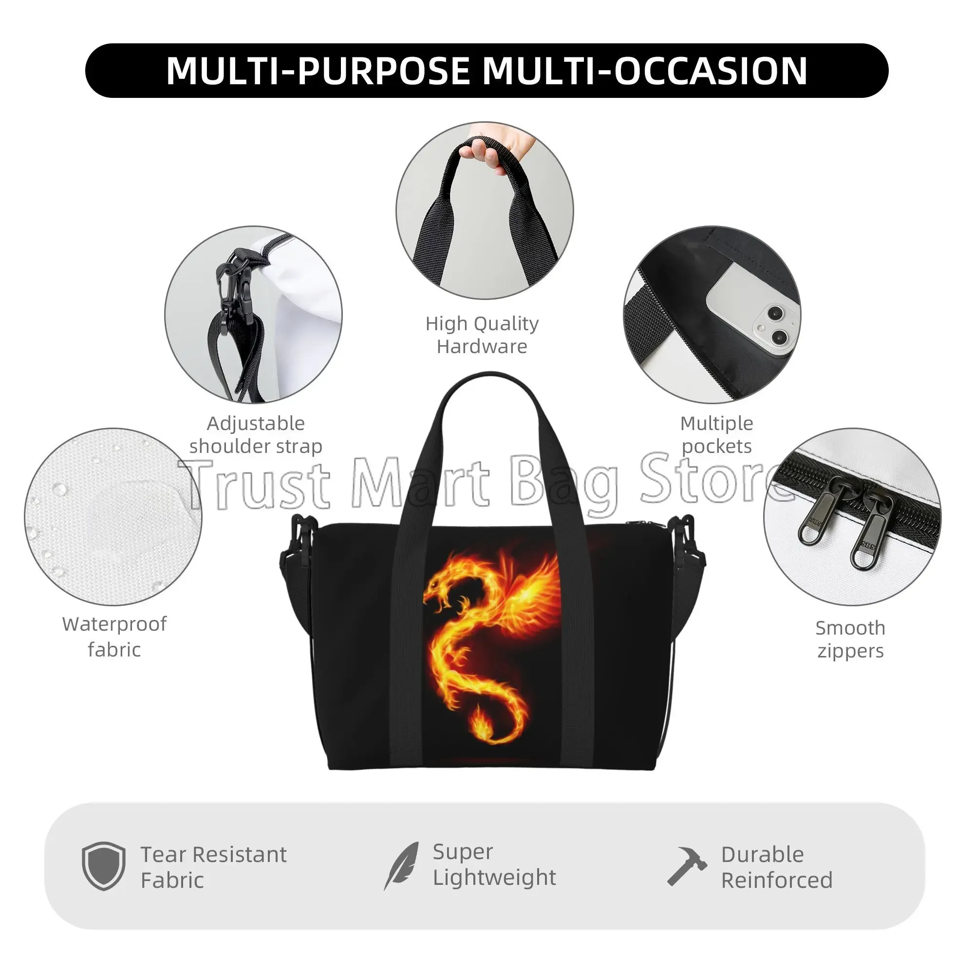 드래곤 화재 인쇄 여행 가방 남여 스포츠 체육관 여행 더플 백 조절 가능한 스트랩이있는 방수 Weekender 밤새 가방