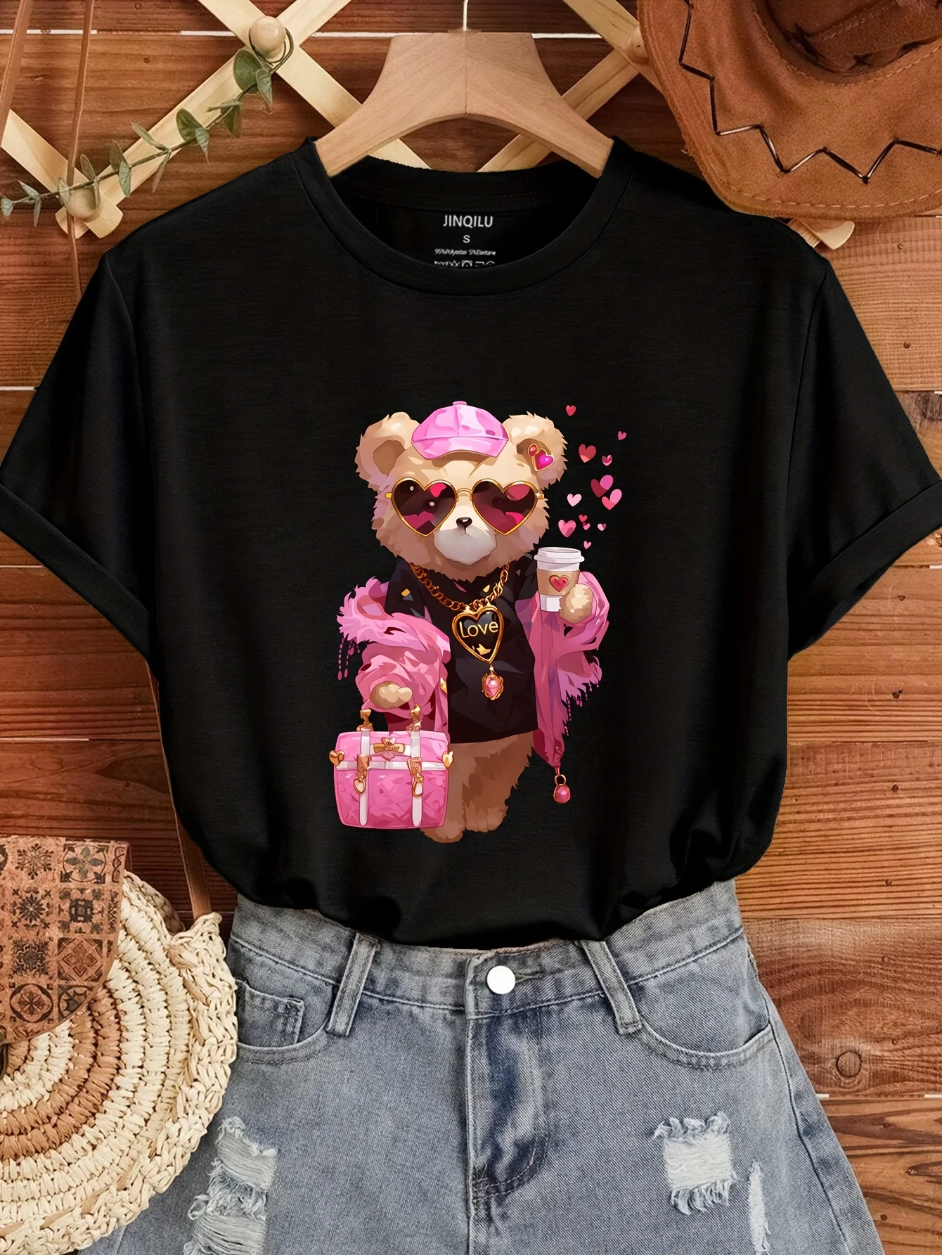 

Bear & Love Print T-Shirt, Casual Crew Neck Short Sleeve Top For Spring & Summer, Women's Clothing t shirts