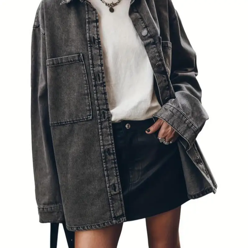 

Women's Casual Denim Jaet New Sle 2025 Cross-Border Button ort Sve Collar Special Wide Fit Autumn Faion