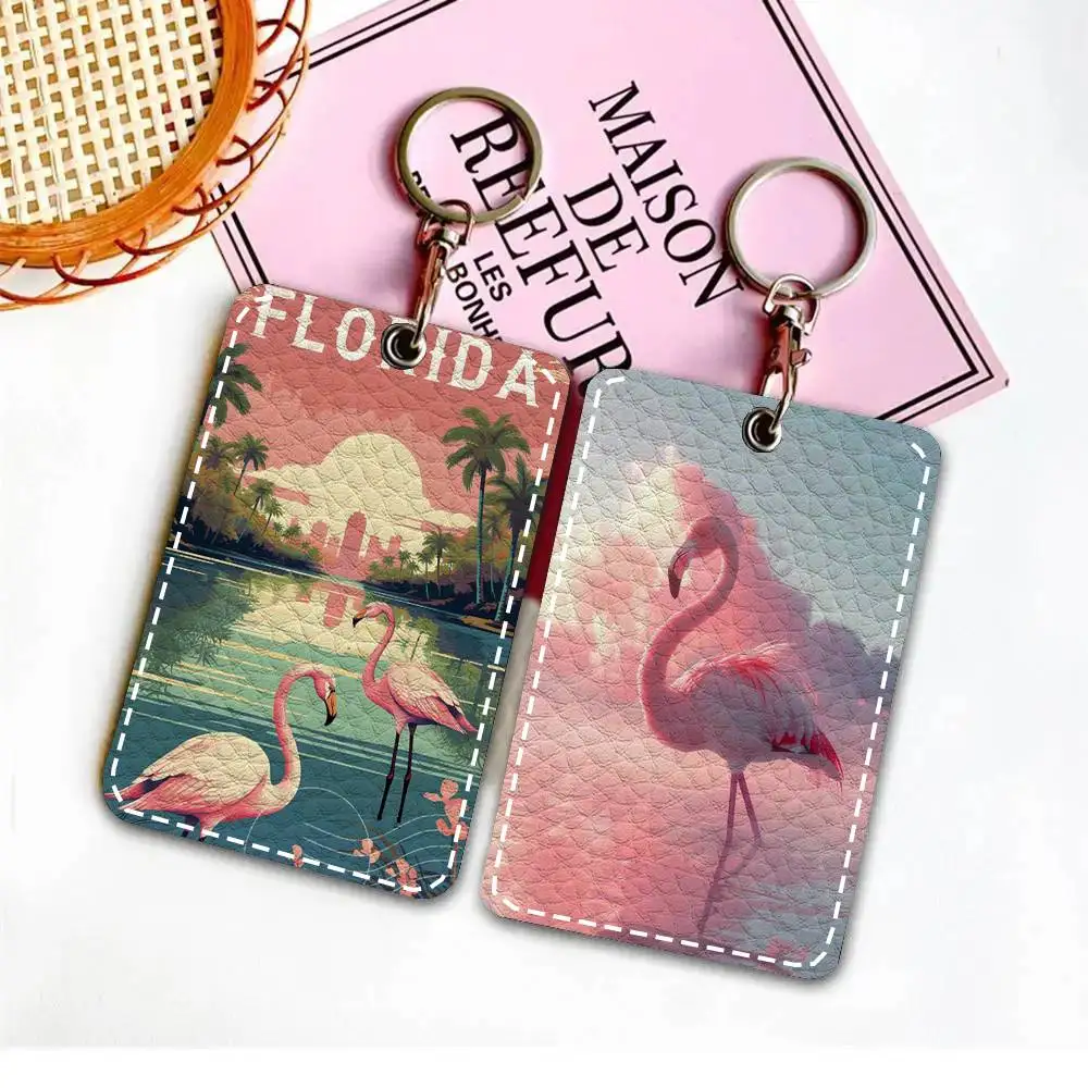

Кожаный картхолдер-брелок с мультяшным фламинго для карт доступа и ключей