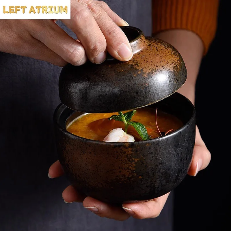 Ceramic Bowl with Lid Creative Pattern Thick Soup Bowl Steamed Egg Bowl Dessert Bowls Snack Bowls Restaurant Special Tableware