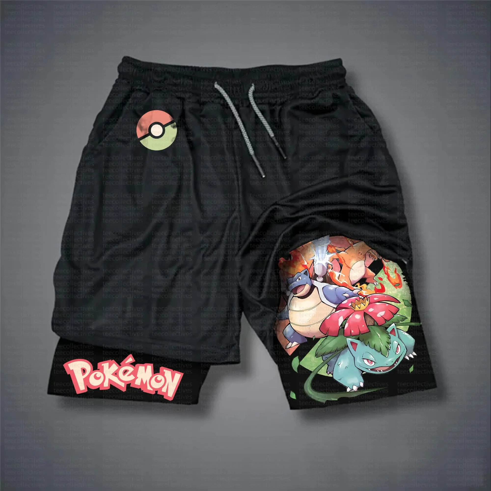 calcoes-esportivos-masculinos-de-algodao-pokemon-colecionaveis-2025-verao-estampa-grafica-base-preta-perna-esquerda-design-pokebola-vermelho-e-branco