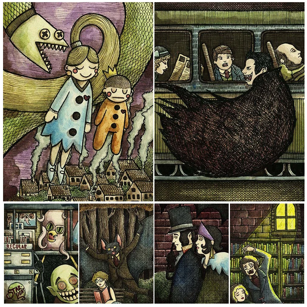 Vampire Hunt Horror Bat Monster Abstract Wall Art Canvas Painting Vampire Couple And Station Gothic Art Poster Print Home Decor