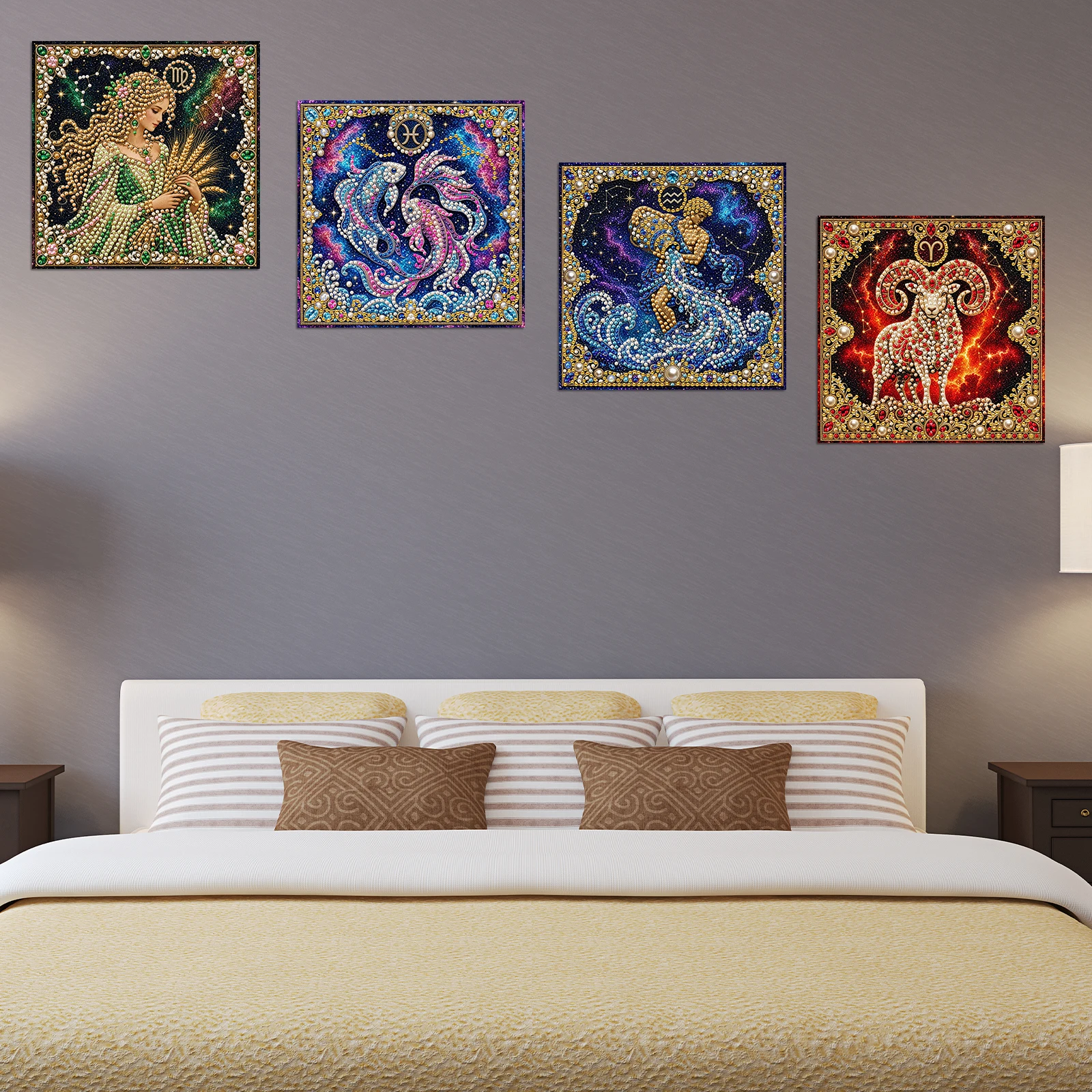 Self-Adhesive DIY Pearl Painting Kit 12 Zodiac Signs Framed Canvas 3D Bead Dot Art Wall Decor