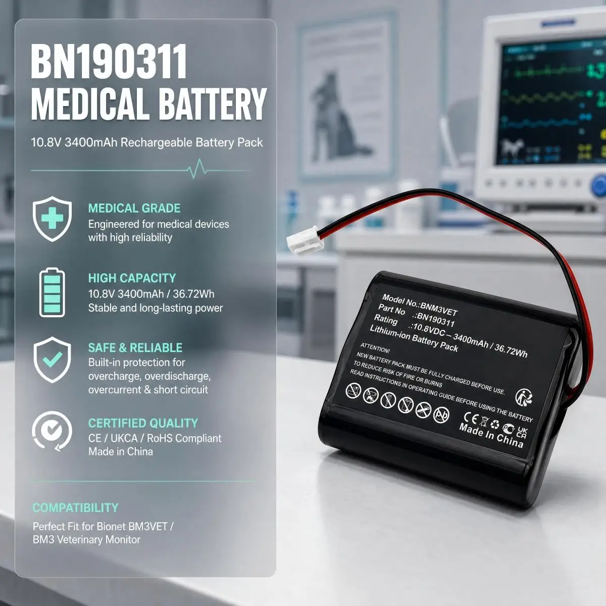 BN190311 10.8V 3400mAh Rechargeable Medical Battery Fit Bionet BM3VET Next Monitor BM3 Veterinary Patient Monitor