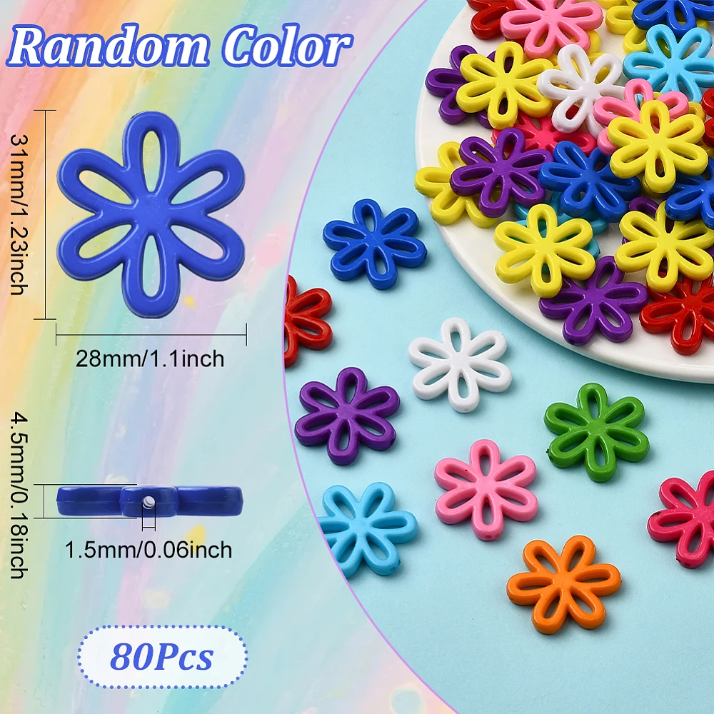 80Pcs Hollow Flower Beads Large Flower Charm Beads Random Multicolor Six Petals Acrylic Floral Charms Loose Spacers for Jewelry
