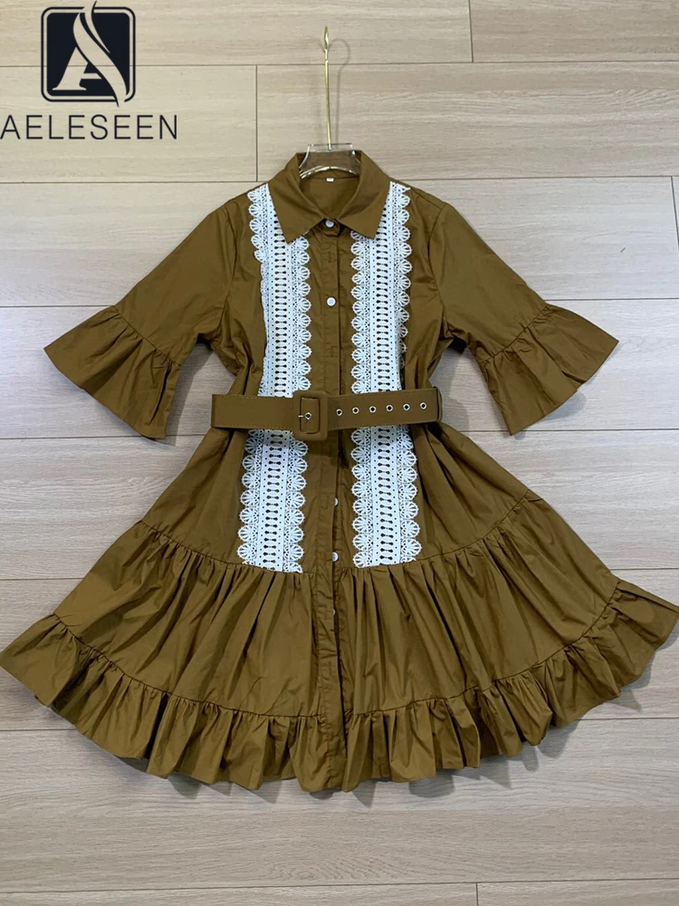 

AELESEEN Fashion Designer Mini Dress Women Spring Summer Flare Sleeve Lace Patchwork Belt Turn-down Collar Single-breasted