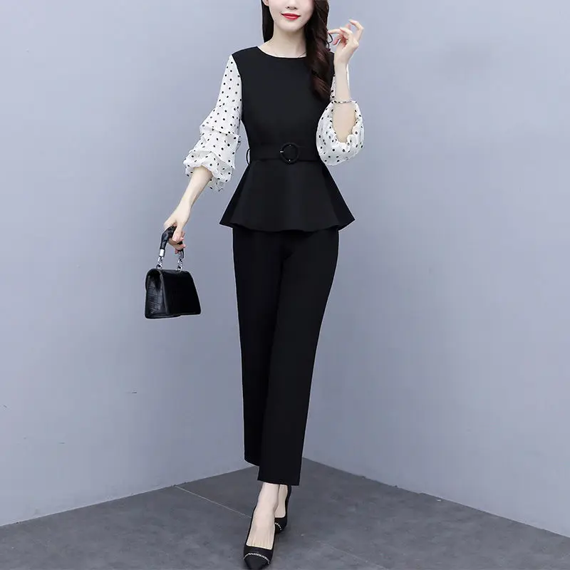 New Waist Closing Slim Wave Point Top Office Professional Harlan Pants Age Reduction 2 Piece Set Temperament Women Suit