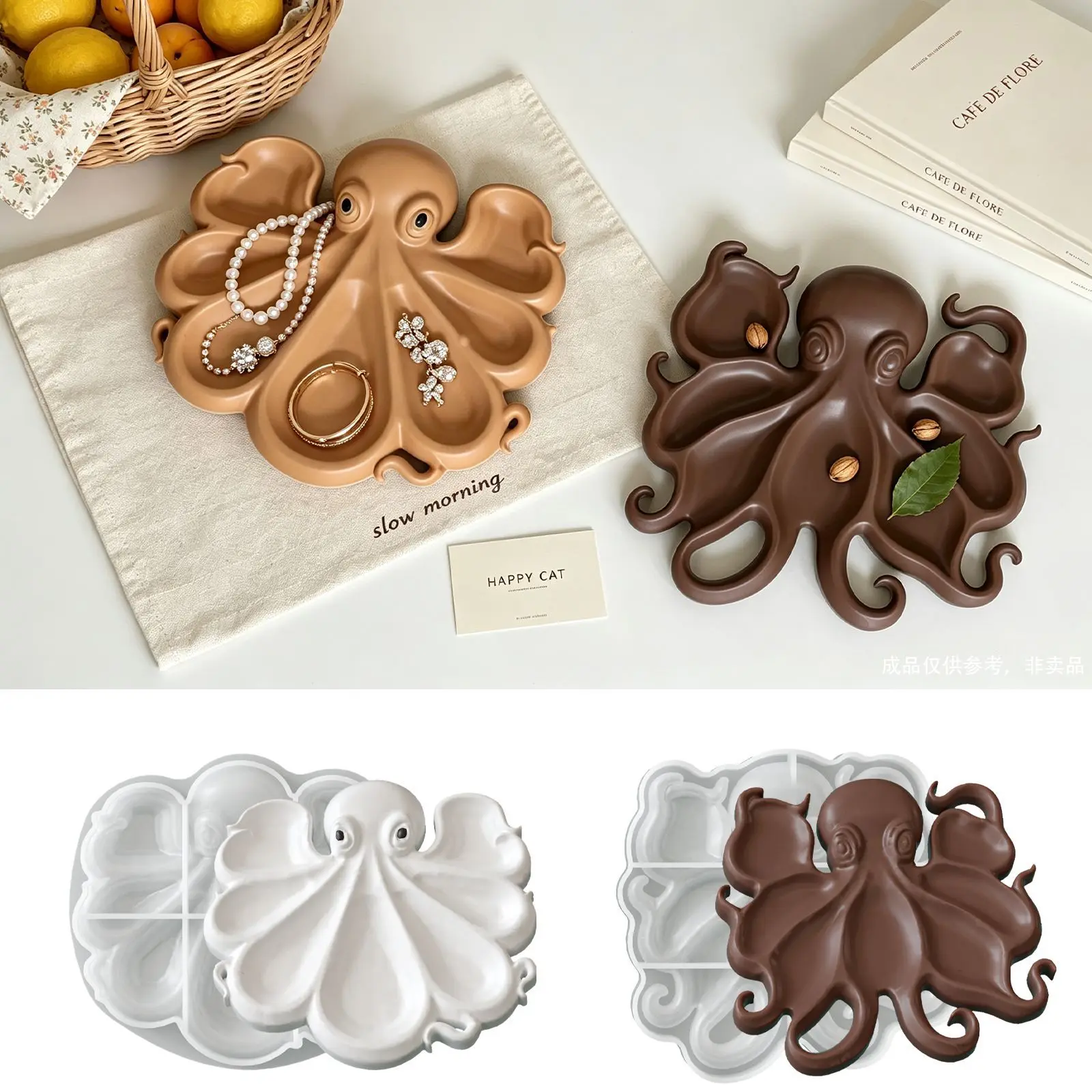 Coastal Aesthetic 3D Octopus Divided Trinket Dish Mirror Silicone Mold UV Epoxy Resin Plaster Jewelry Tray Ocean Decor Summer