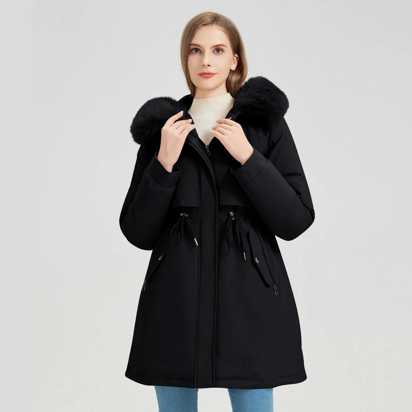 

Parkas Real Womens Fall Double-Pocket Wide Puffy Mid-Long Fancy Lady Cargo European Style Argyle Lightweight Athleisure Youthful