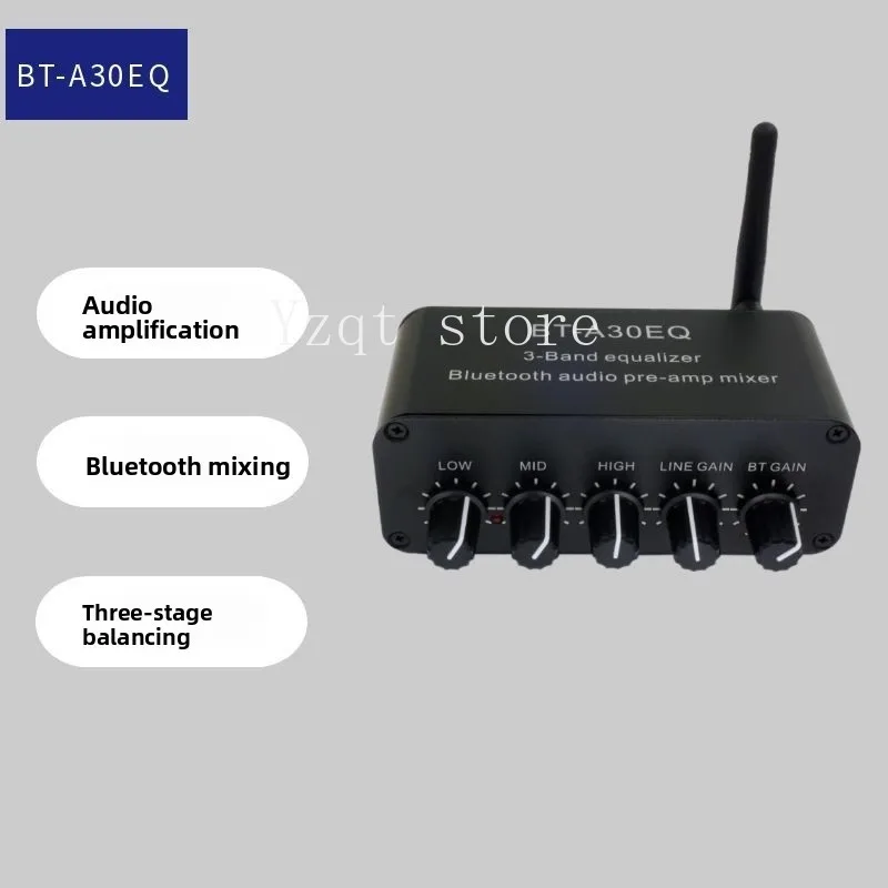 Bluetooth receiver, audio amplification, three-band equalizer, mixer, aux wired input, treble, mid, and bass adjustment