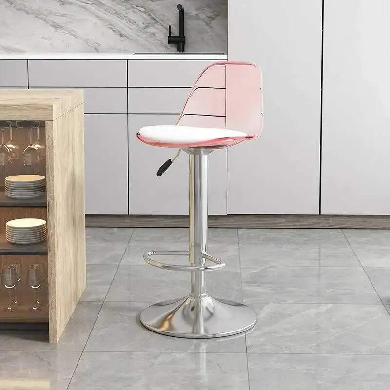 

Pink Bar Chairs Acrylic Transparent Swivel Barber Metal White Bar Chairs Kitchen Tall Adjustable Chaise Design Furniture