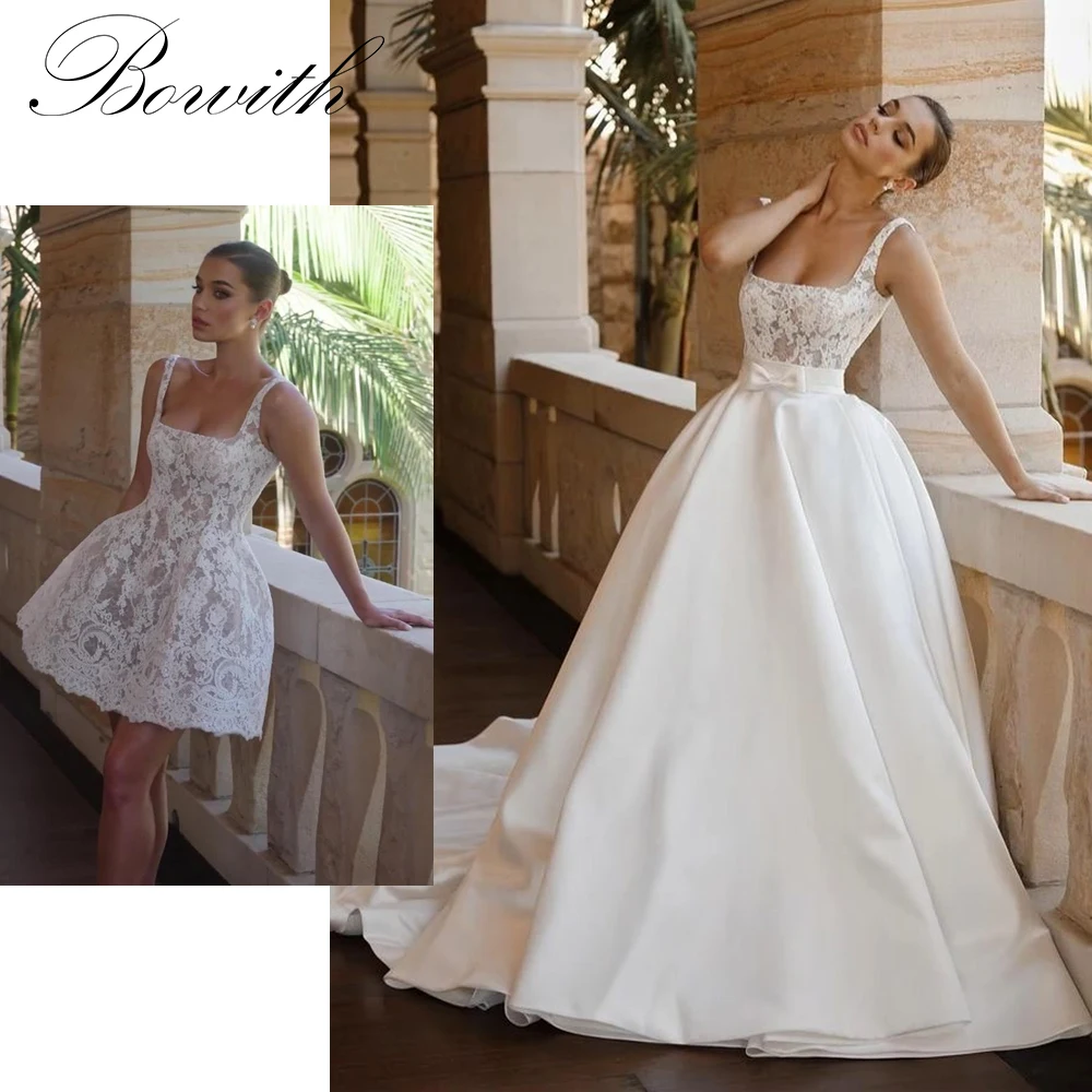 

Bowith 2in1 Wedding Dresses Spaghetti Straps Lace Short Wedding Party Dress with Detachable Train Customized Bridal Gown