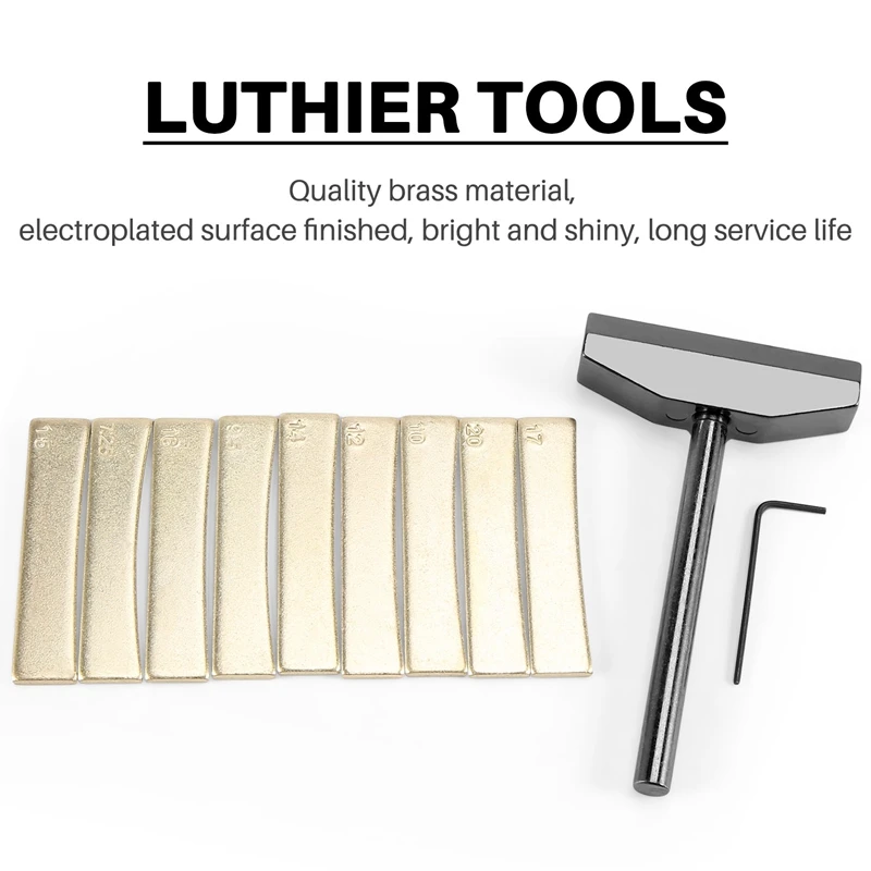 Quality Luthier Tools Set Guitar Bass Fret Press Caul Fingerboard Pressing Tool + 9Pcs Brass Radian Fret Inserts With Hex Wrench