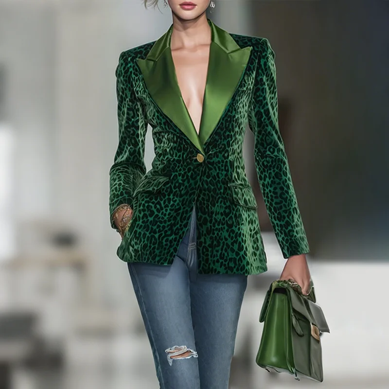 

Бархатные пиджаки с леопардовым принтом для женщин, пиджак на одной пуговице, пиджак с воротником, пальто с длинными рукавами, модная женская верхняя одежда