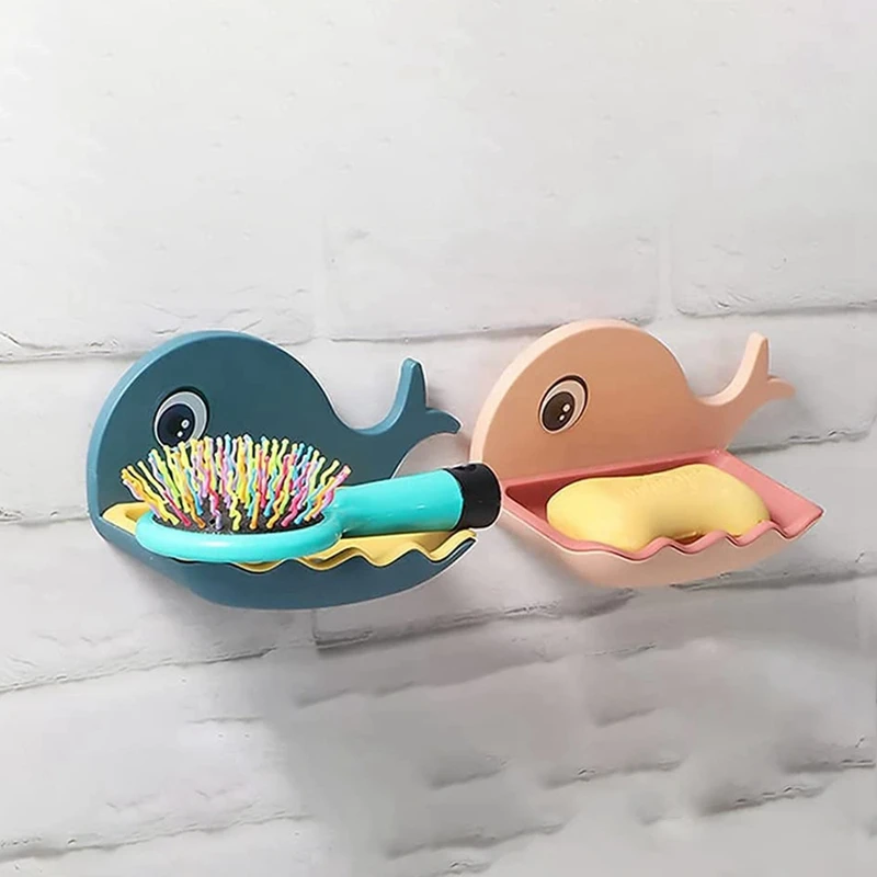 JFBL Hot 2 Pcs Creative Free Punch Cartoon Fish Soap Box Soap Holder Household Wall-Mounted Drain Soap Box Khaki + Dark Blue