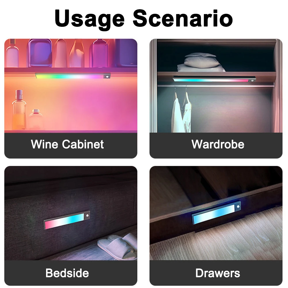 Motion Sensor Lights Wireless LED Night Light Type-C Rechargeable Cabinet Wardrobe Lamp RGB Ambient Backlight for Kitchen Stairs