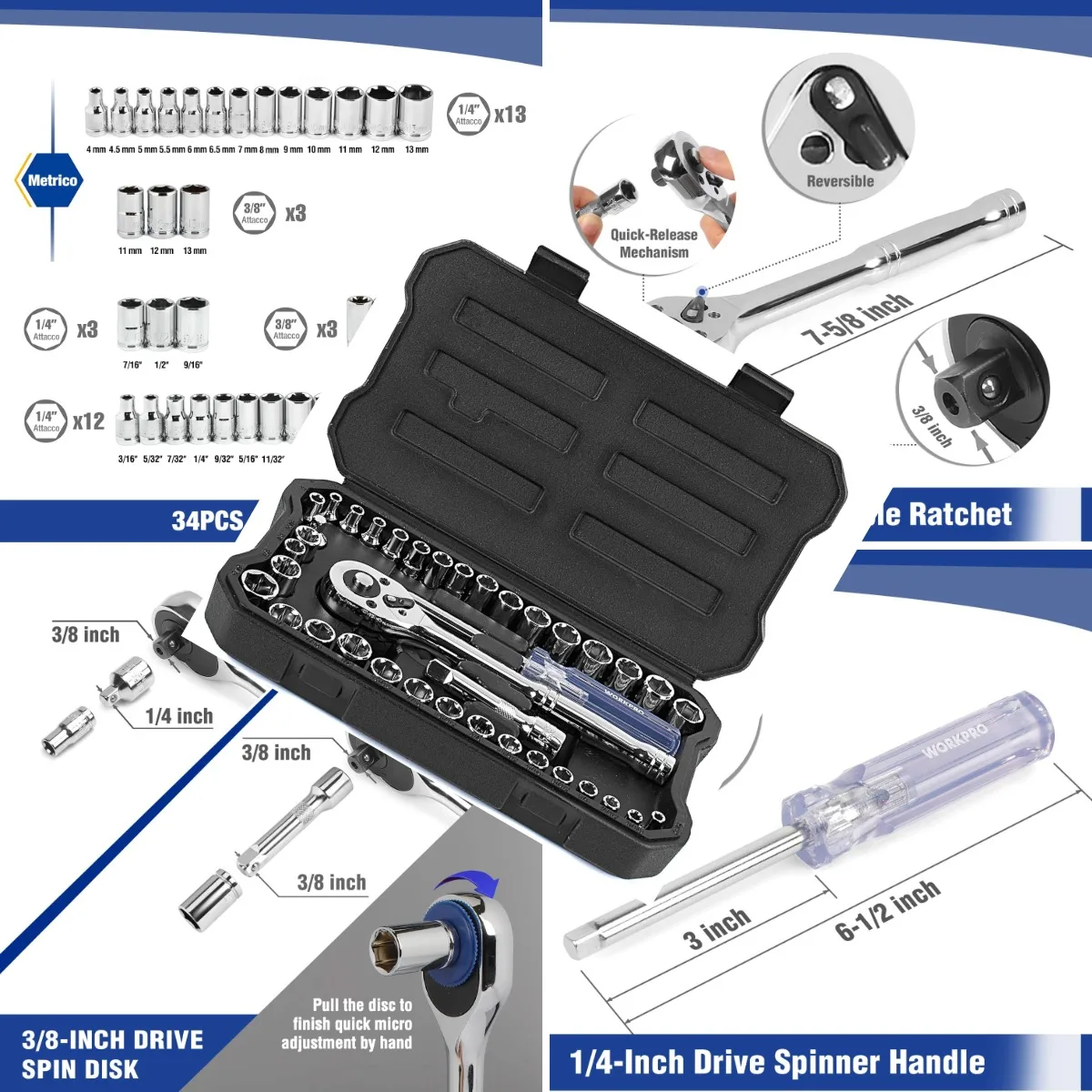 39-Piece Drive Socket Set 1/4'' & 3/8'', CR-V Metric and SAE Sockets with Quick-Release Ratchet Wrench, Extensio