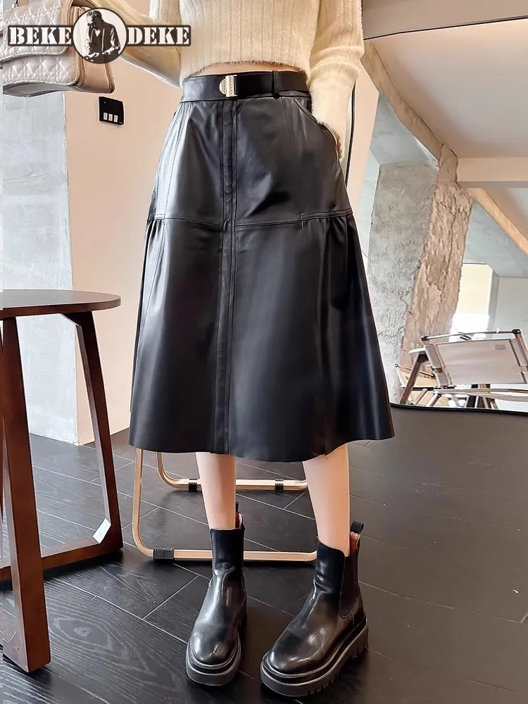 

Spring Autumn Women Medium Length Genuine Leather Skirt High Waist Casual A-Line Long Skirts New Ladies Sheepskin Black Skirt