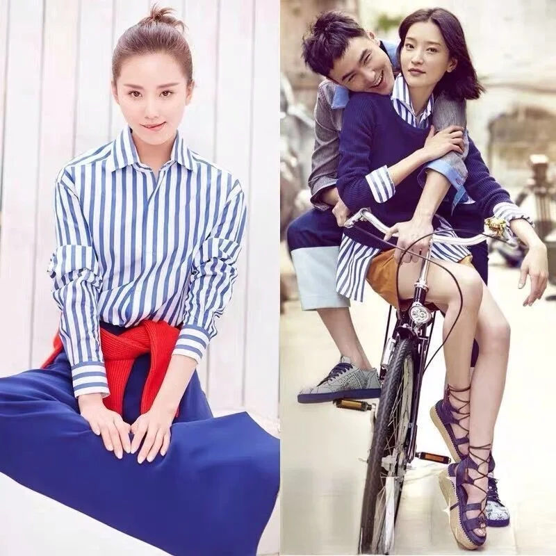 Camisa a rayas azules y blancas para mujer, Kaia Wang, moda de primavera y otoño, estilo para ir al trabajo, corte ajustado, ...