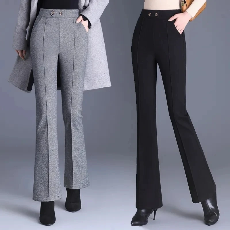 

Spring Autumn New Korean Elastic Waist Woolen Pants Female Casual Flare Pants Fashion Women Stretch Casual Straight Trousers 4XL