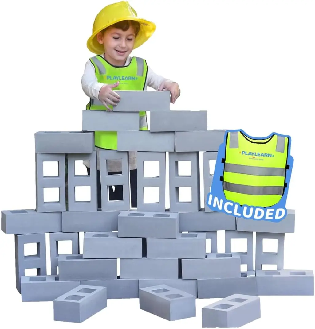 

20pc Foam Cinder Blocks for Kids – Children’s Reflective Worker Vest and Storage Bag Included - Lightweight, Soft Building Block