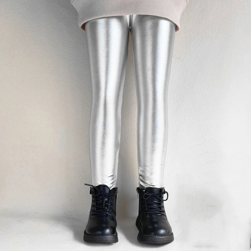 Children's Girl Pants Spring Autumn Shiny Gold Silver Faux Leather Pencil Pant Girls Shiny Trousers Kids Leggings