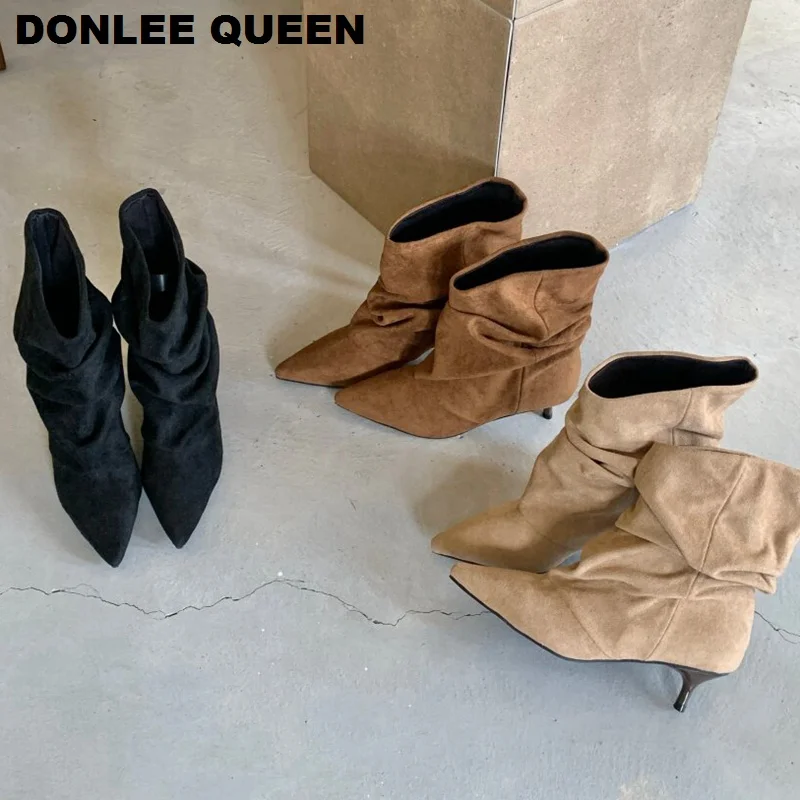 Women Faux Suede Slouch Ankle Boots Vintage Ruched Pointed Toe Thin Kitten Heels Stackable Short Booties Retro Low Heel Footwear