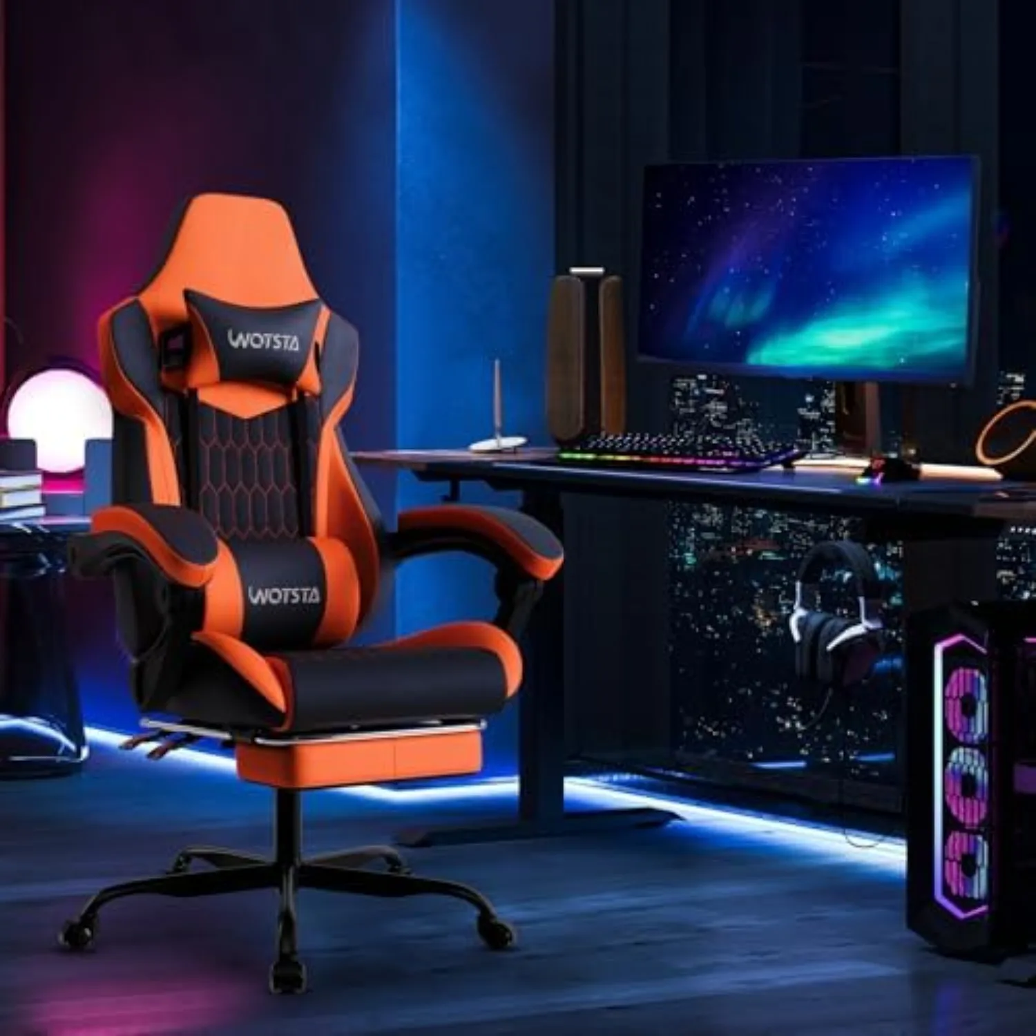 Gaming Chair with Footrest, High Back Gaming Chairs PVC Leather Ergonomic Gamer Chair with Adjustable Headrest Lumbar