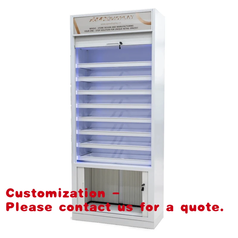 

Металлический противовзломный дисплейный шкаф для табачных изделий Customized.APEX белого цвета с рольставнями и отсеком для хранения B