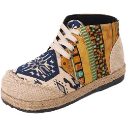 Scarpe di lino da donna Boho cotone tela di lino singolo nazionale tessuto punta tonda stringate scarpe di stoffa donna High Top Flats taglia 35-44