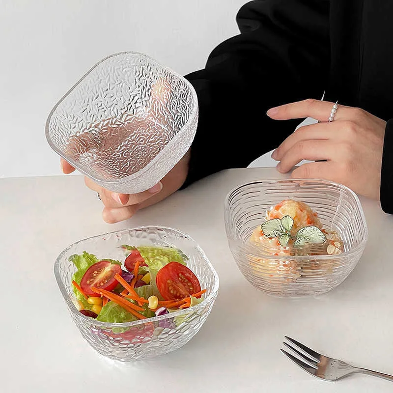 Transparent Glass Bowl Household Square Dessert Bowls Small Fruit Salad Bowl Tableware Breakfast Bowl 10.2cm