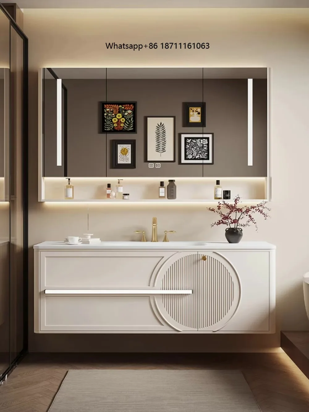 Luxury Cream American  Solid Oak Bathroom Vanity Set Custom Arched Door Wall Mirror Storage Cabinet Combo