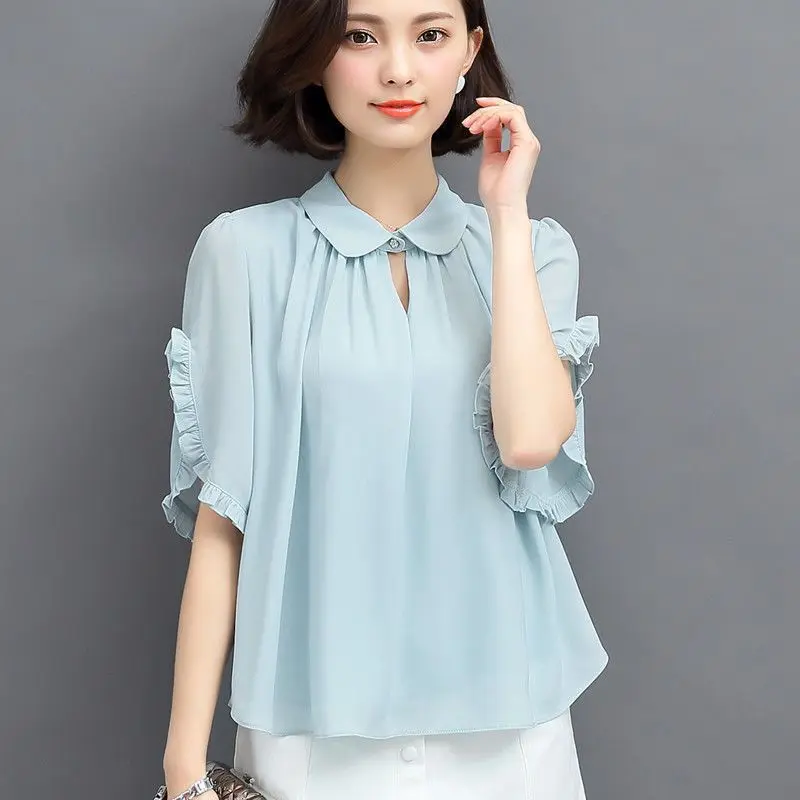 

Fashion Peter Pan Collar Spliced Ruffles Sweet Blouse Women's Clothing 2023 Spring New Oversized Casual Tops Loose Commute Shirt