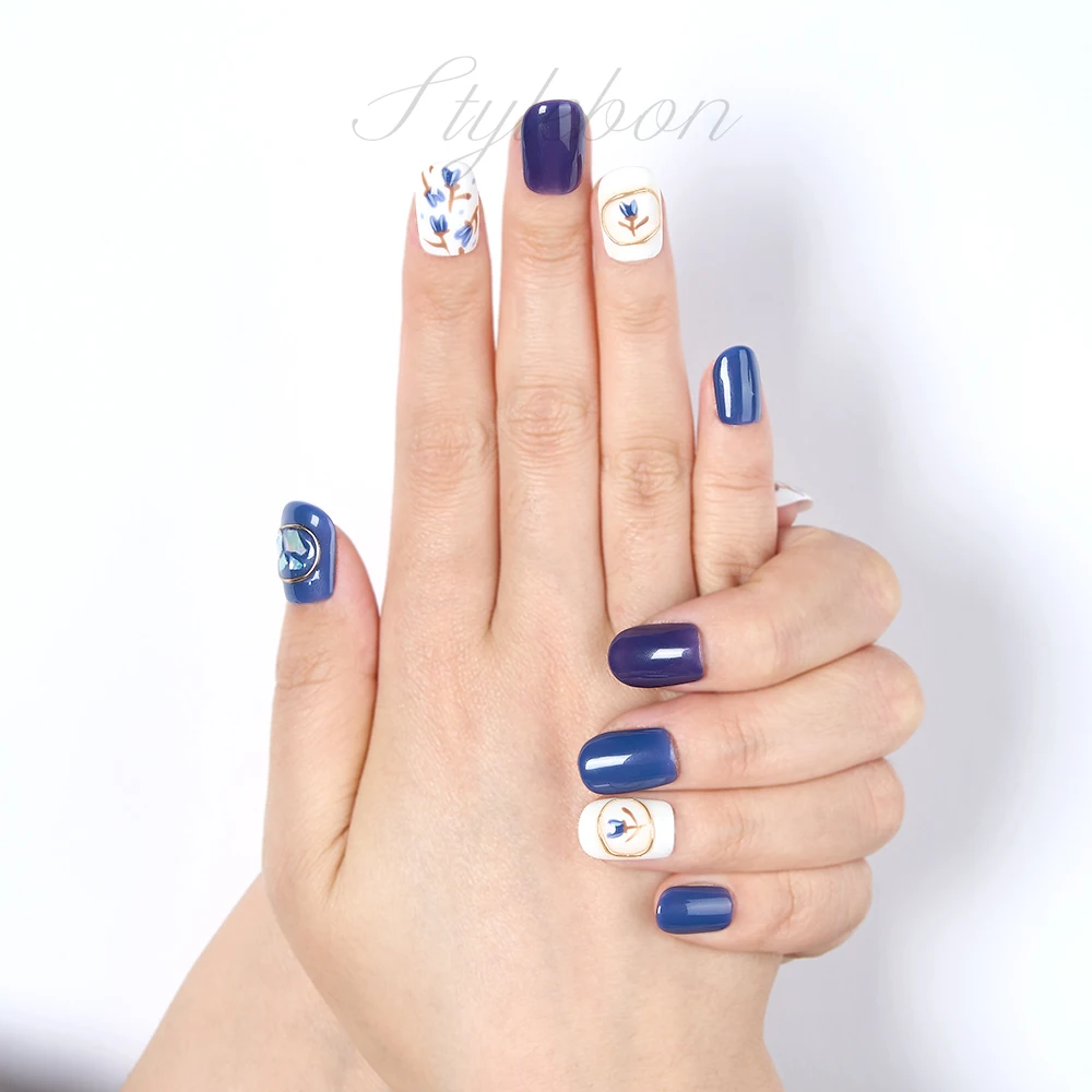 Faux ongles en acrylique à couverture complète, embouts à coller, presse ronde courte, tulipe bleue faite à la main, N64.avec colle