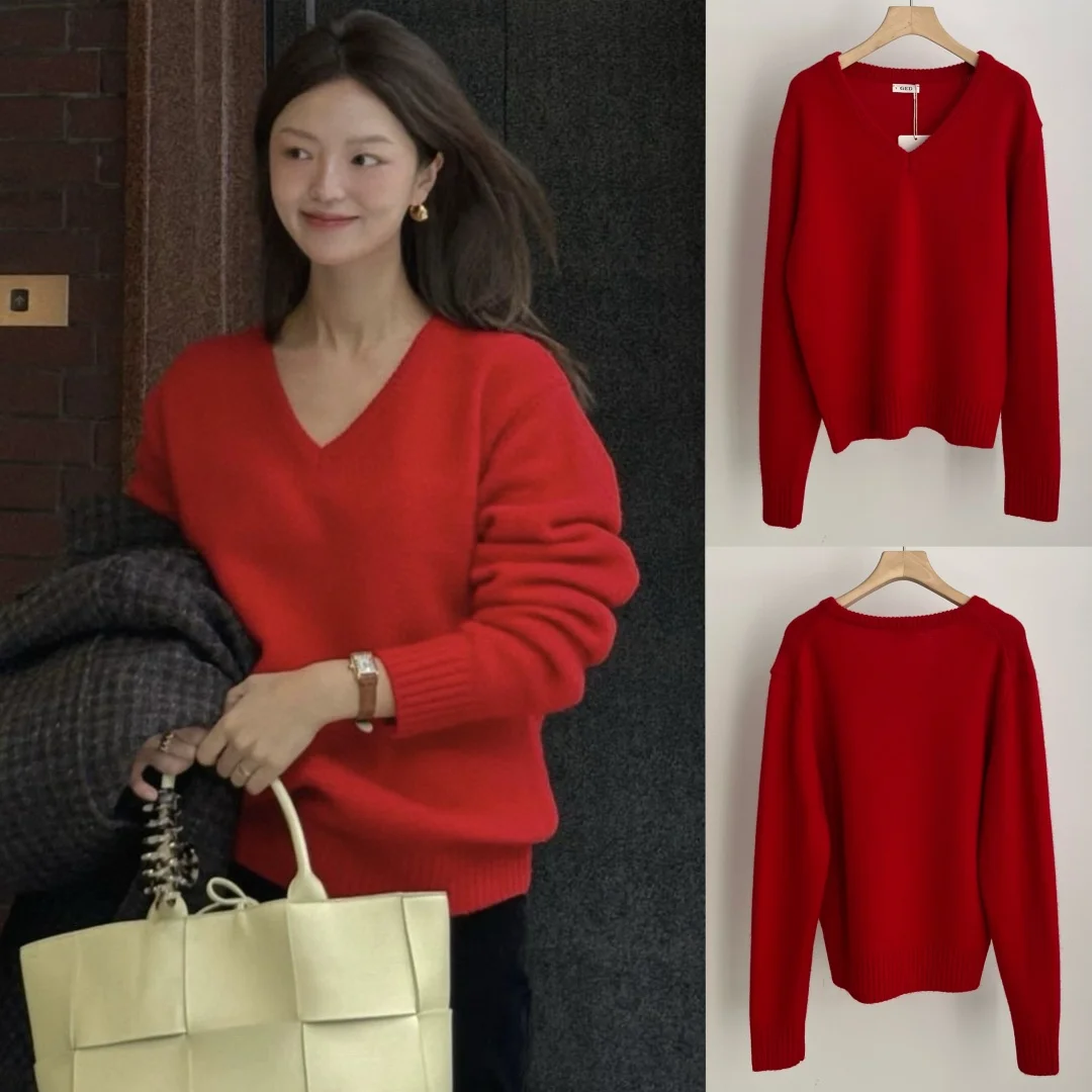 

Red V-Ne Knitted Sweater Women's Faion Commute Sle Regular Length Autumn 2025 Retro Festive Aosphere Versatile Simple...