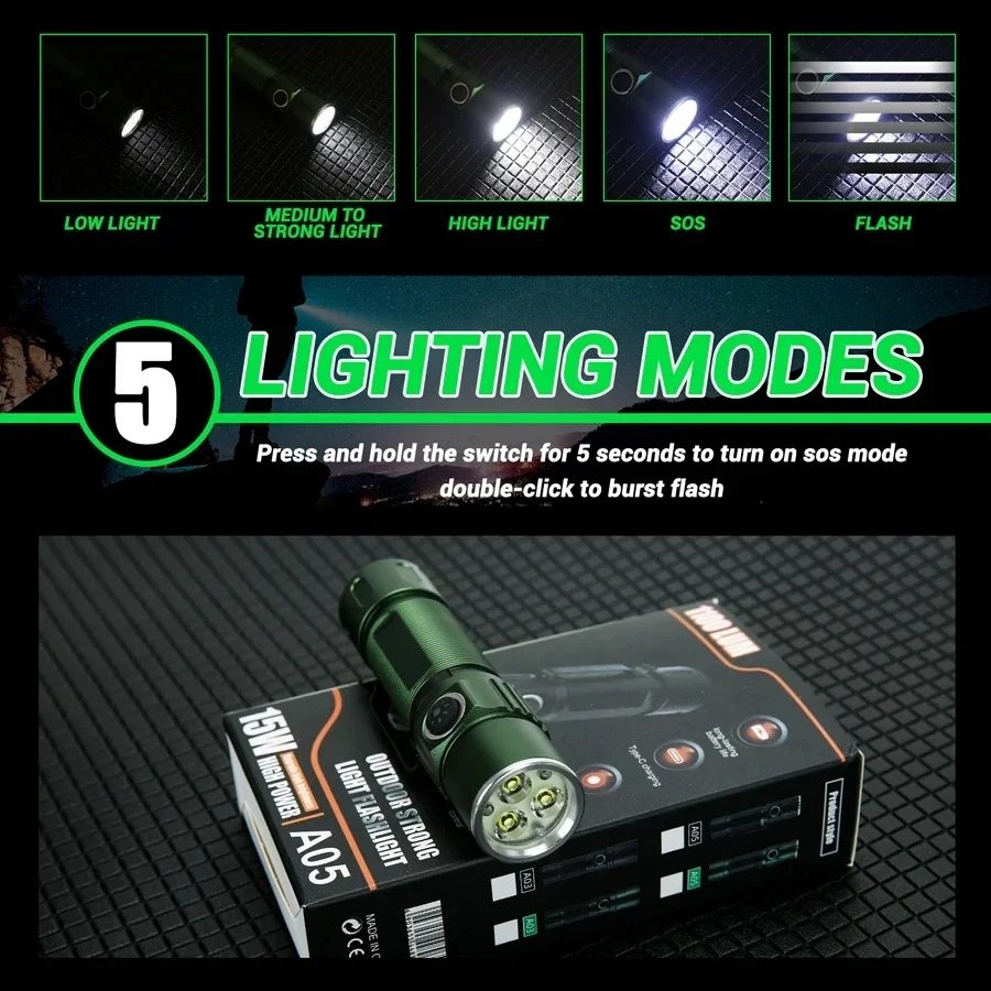 1100LM USB Rechargeable Led Flashlight Portable Lantern with Built-in Battery 5 ModesTactical Torch for Fishing Camping Outdoor