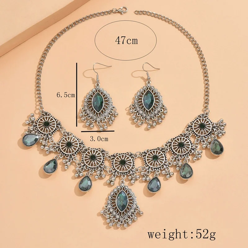 2pcs Vintage Indian Ethnic  Style Jewelry Set For Women Crystal  Inlaid Jewelry Sets  Water Drop Pendant Necklace Earring Set view 3