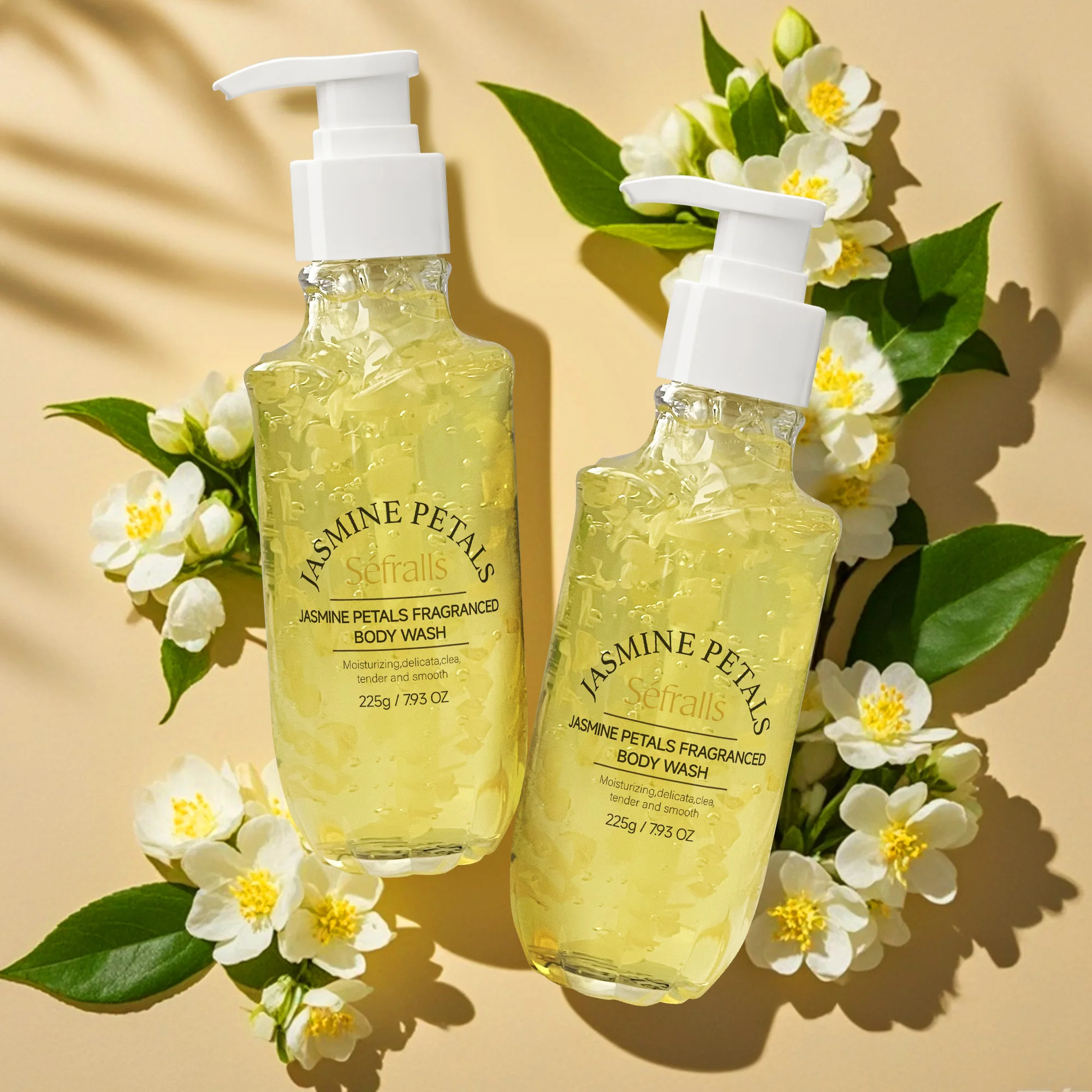 Séfralls Jasmine Petal Scented Shower Gel 225g*2pcs Moisturizing Real Jasmine Petals Body Wash Cleansing Shower Gel