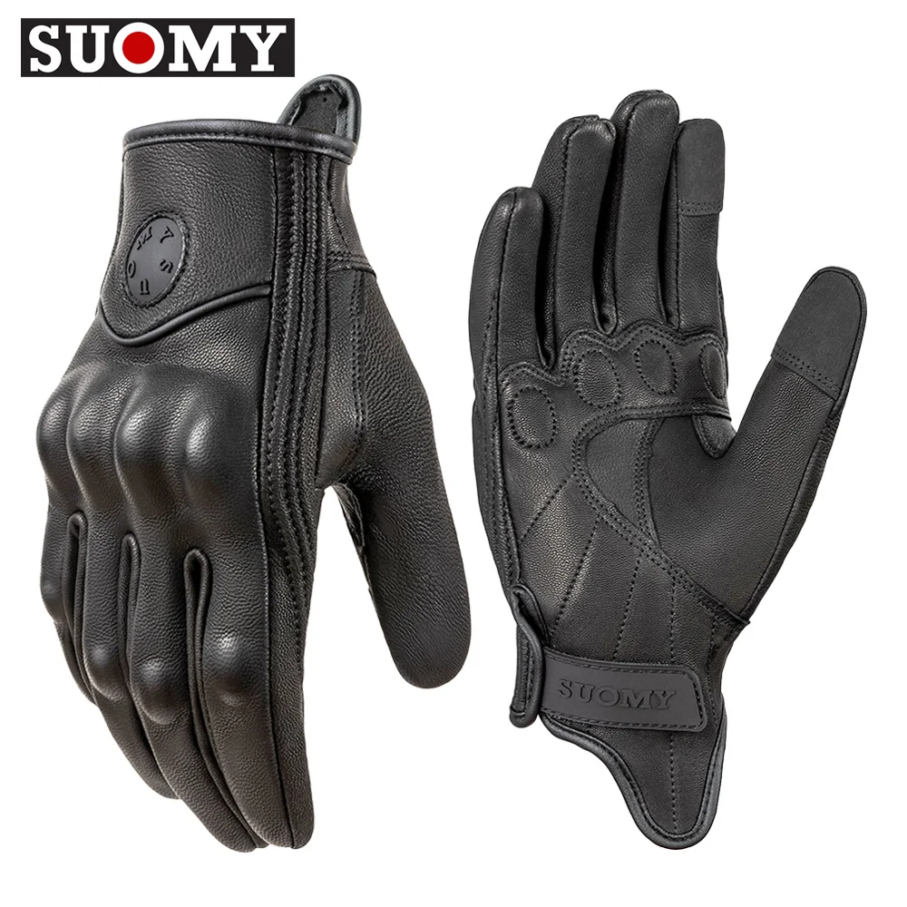 SUOMY Retro Black Leather Motorcycle Gloves Men Women Perforated Breathable Motorbike Racing Gloves Vintage Leather Moto Guantes