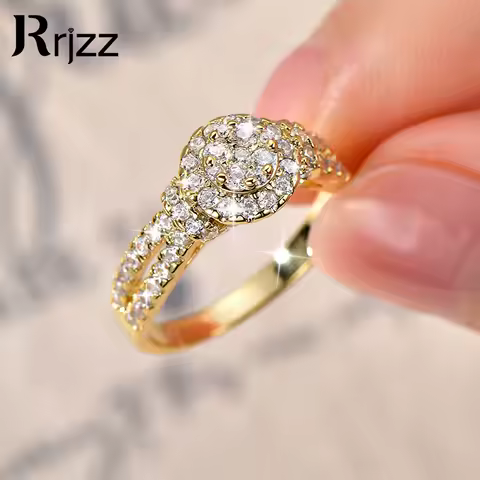 Rrjzz AAAAA Zircon Flower Halo Ring with Infinite Elements Round CZ Lab Diamond 14K Silver Gold Plated Women Band Ring Jewelry