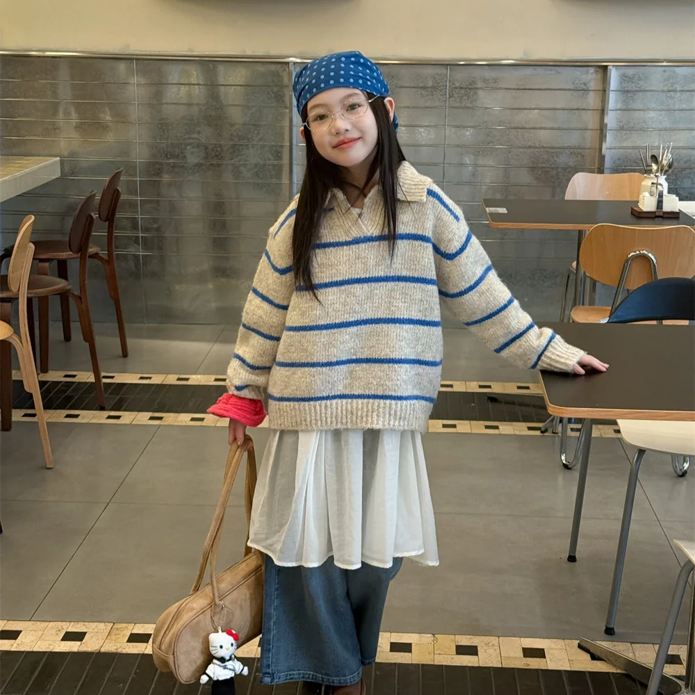 

Girls and Teens Spring Autumn Sweaters 2025 New Korean Fashionable Casual Daily Striped Turn-down Collar Knitted Top