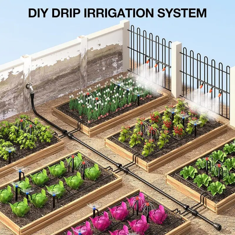 135PCS Drip Irrigation Kit 200FT Hose + 26FT Main Hose Adjustable Garden Watering System for Plants Greenhouse Lawn