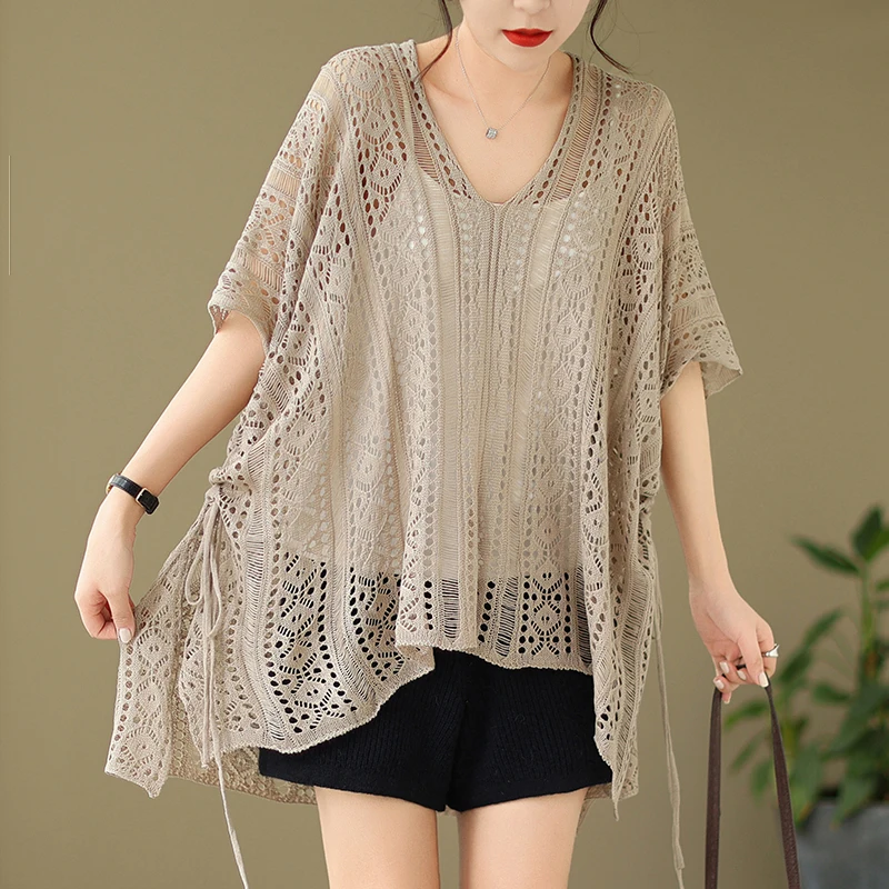 플러스 사이즈 v 넥 속이 빈 니트 여성 여름 루즈 한 겉옷 트렌디 탑 캐주얼 편안한 통기성 반팔