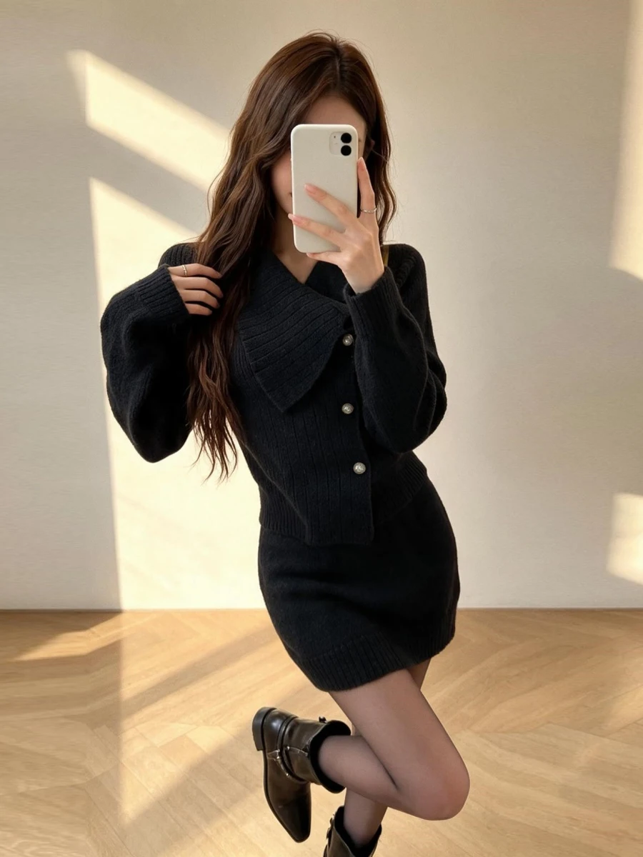 Korean Design Loose Slimming Asymmetrical Collar Knitted Open Cardigan High Waist Slimming  Skirt Two-Piece Set Casual Style