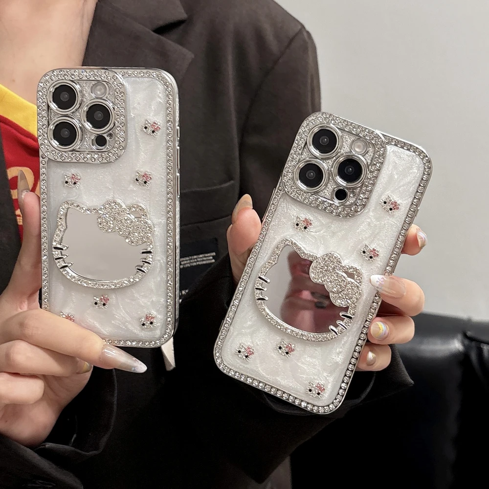 

3D милый мультяшный чехол Sanrio Hello Kitty с блестящим зеркалом для макияжа для iPhone 17, 16, 15, 14, 13, 12, 11 Pro Max, твердый чехол