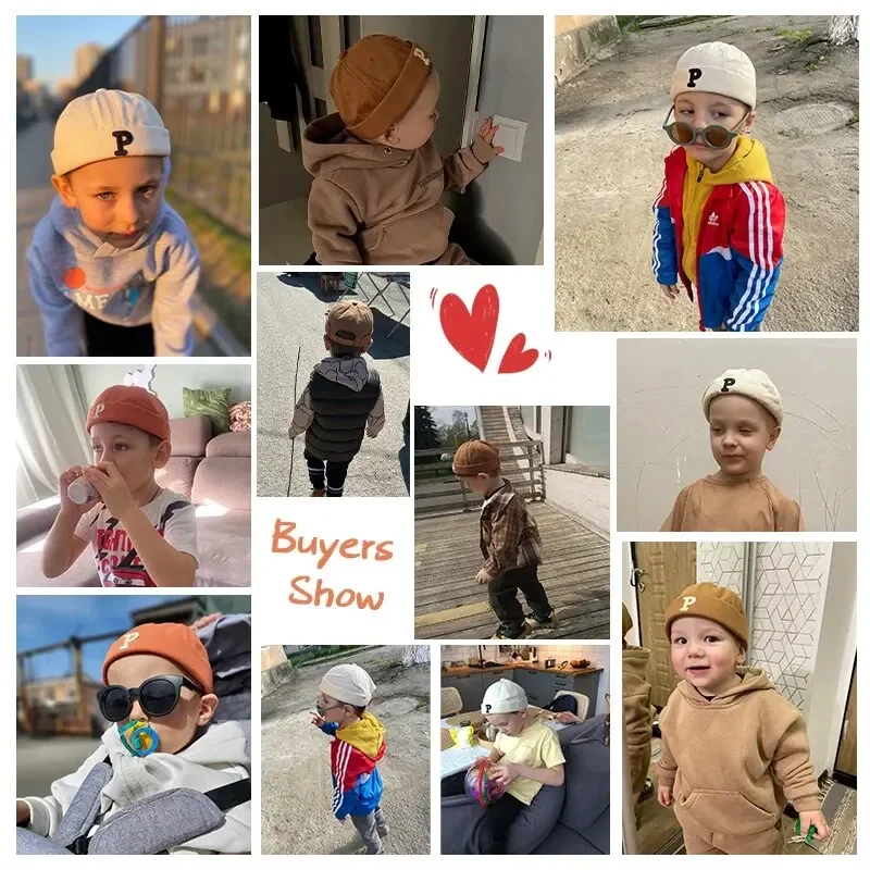 Boy Girl Beanie Cap Cute Kids Landlord Hats P Letter Embroidery Baby Brimless Hat Fashion Soild Color