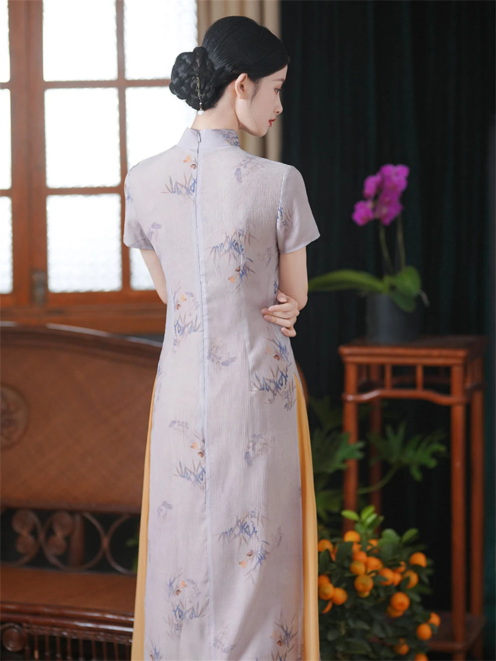 Light Purple AoDai Cheongsam Female Summer Chinese Style Improved High Split Qipao Dress Daily Elegant Long Tea Costume Chinoise